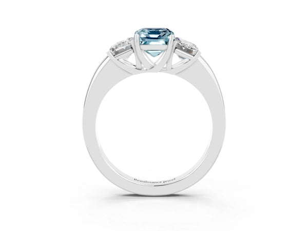 Silver Emerald Cut Aquamarine Three-Stone Ring with Four-Prong Setting and Classic Band