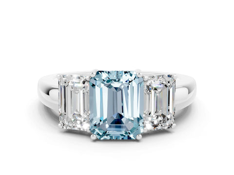 White gold Emerald Cut Aquamarine Three-Stone Ring with Four-Prong Setting and Classic Band