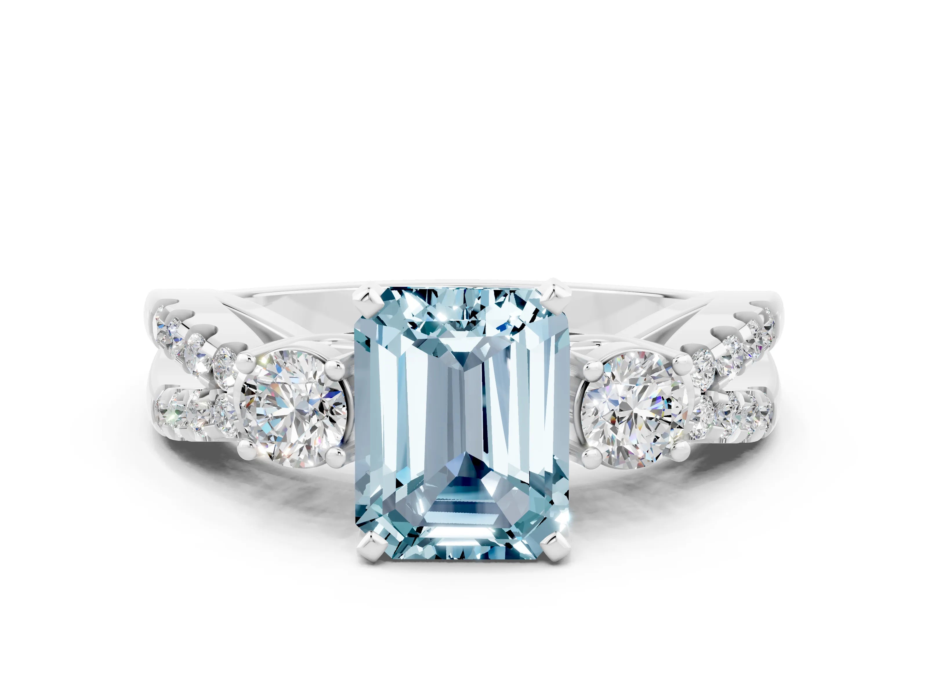 White gold Emerald Cut Aquamarine Three-Stone Ring with Pavé Split Shank and Four-Prong Setting