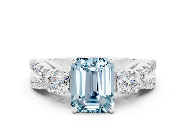 Silver Emerald Cut Aquamarine Three-Stone Ring with Pavé Split Shank and Four-Prong Setting
