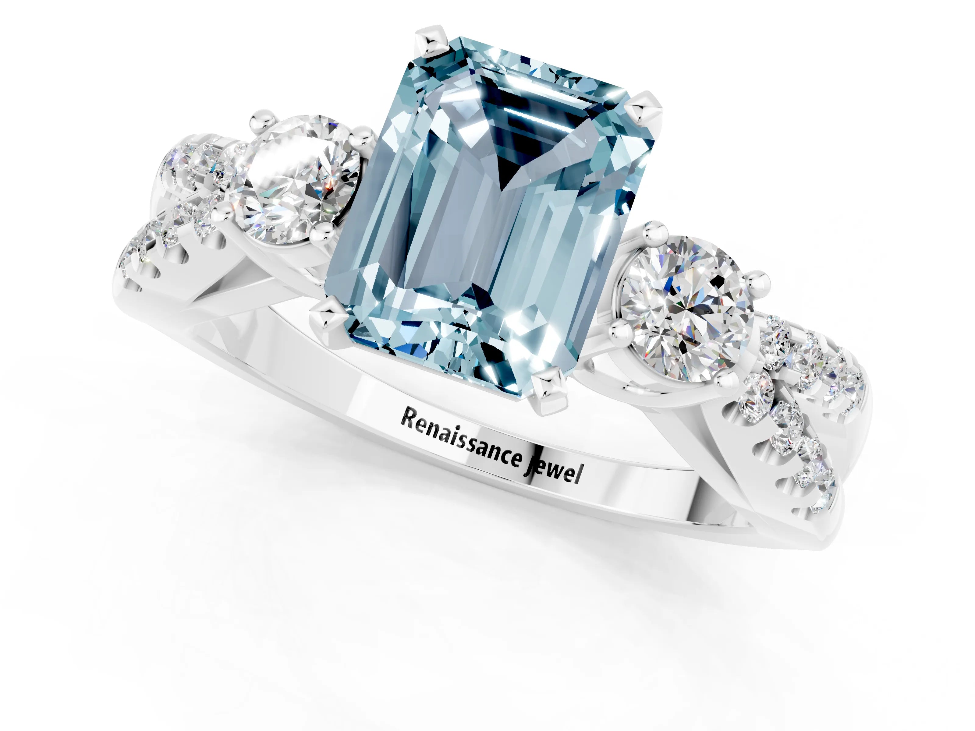 White gold Emerald Cut Aquamarine Three-Stone Ring with Pavé Split Shank and Four-Prong Setting_1