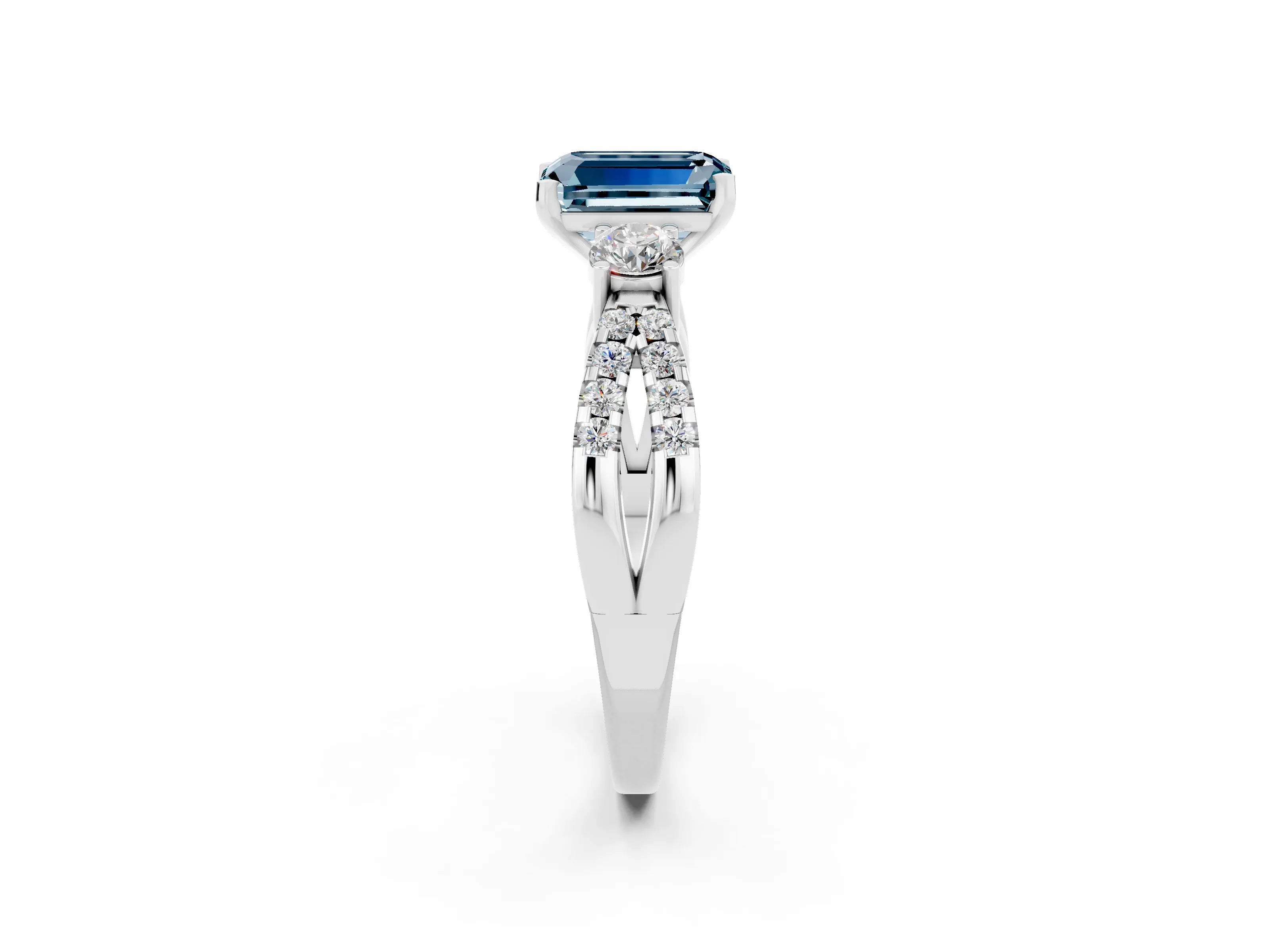 White gold Emerald Cut Aquamarine Three-Stone Ring with Pavé Split Shank and Four-Prong Setting_2