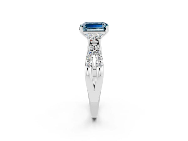 Silver Emerald Cut Aquamarine Three-Stone Ring with Pavé Split Shank and Four-Prong Setting