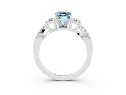 White gold Emerald Cut Aquamarine Three-Stone Ring with Pavé Split Shank and Four-Prong Setting_3