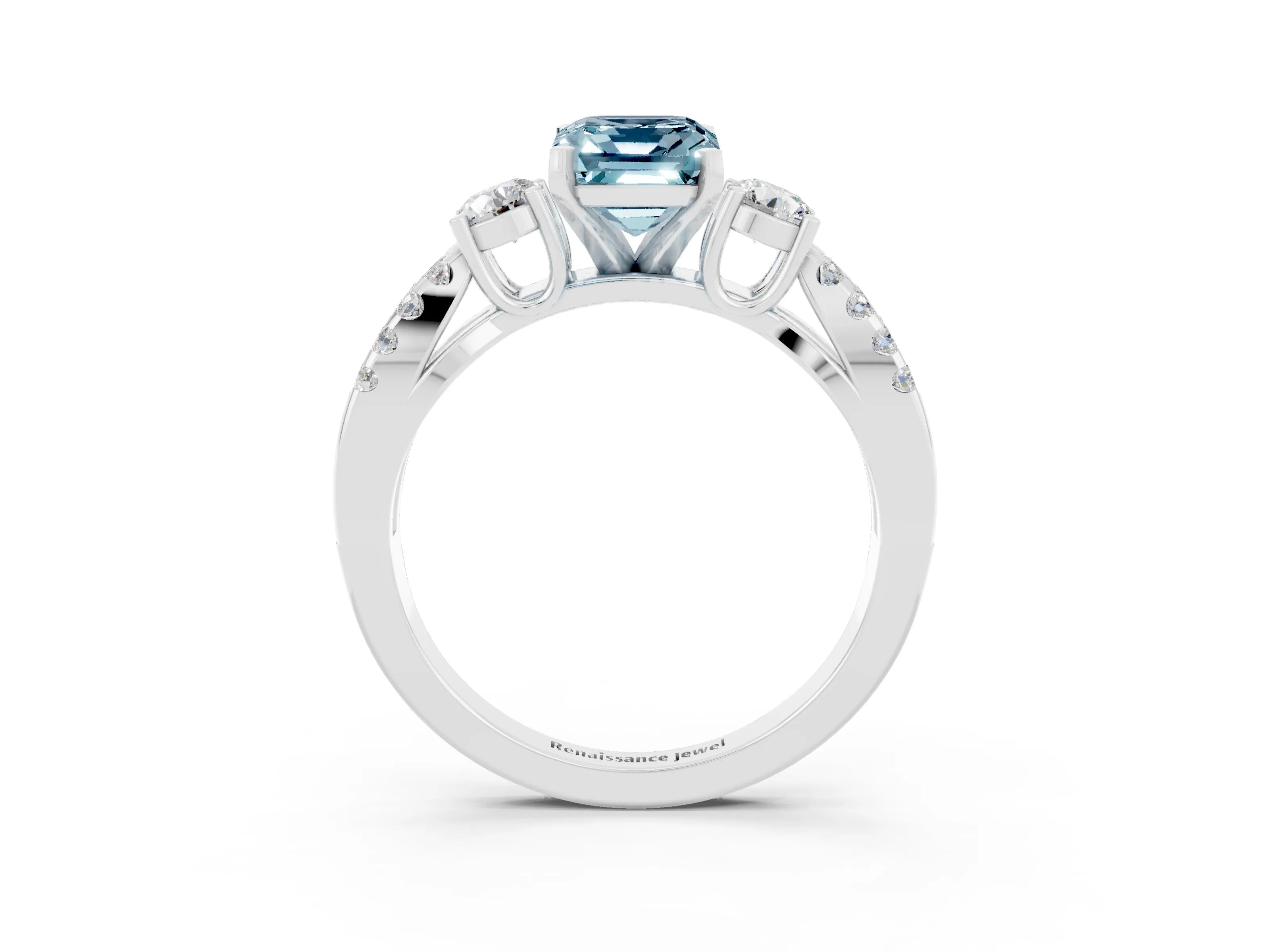 White gold Emerald Cut Aquamarine Three-Stone Ring with Pavé Split Shank and Four-Prong Setting_3