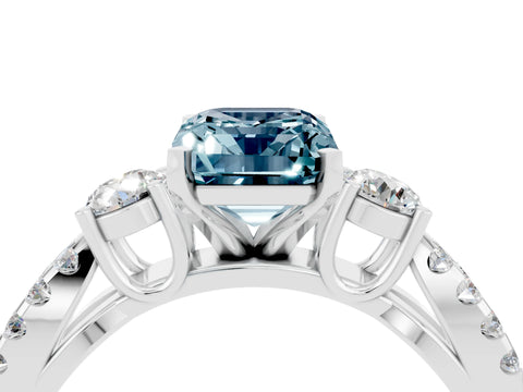 White gold Emerald Cut Aquamarine Three-Stone Ring with Pavé Split Shank and Four-Prong Setting_4