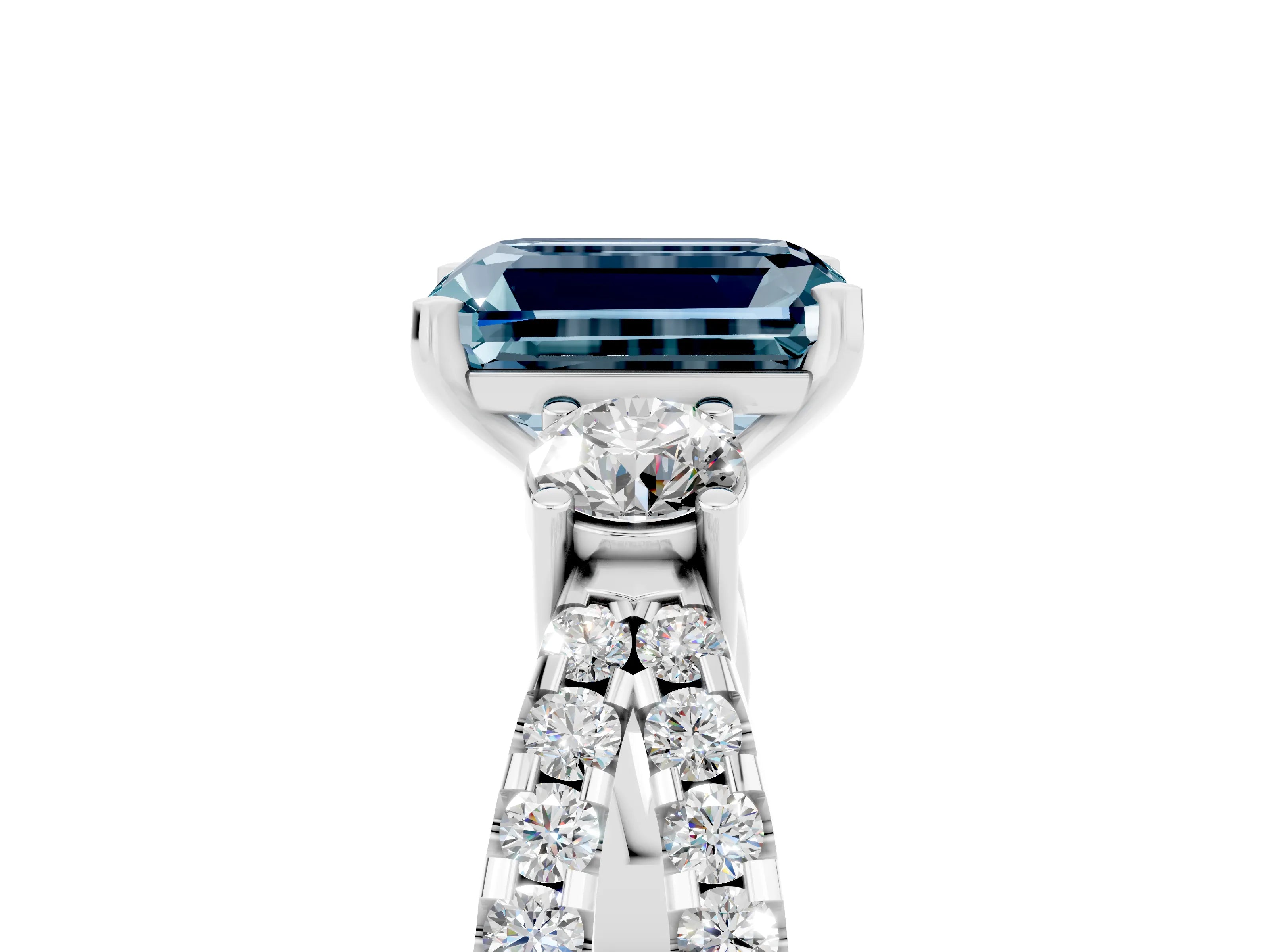 White gold Emerald Cut Aquamarine Three-Stone Ring with Pavé Split Shank and Four-Prong Setting_5