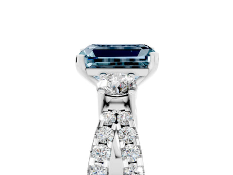White gold Emerald Cut Aquamarine Three-Stone Ring with Pavé Split Shank and Four-Prong Setting_5