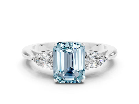 White gold Emerald Cut Aquamarine Three-Stone Ring with Pear Side Stones and Four-Prong Setting_12