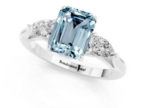 White gold Emerald Cut Aquamarine Three-Stone Ring with Pear Side Stones and Four-Prong Setting_13