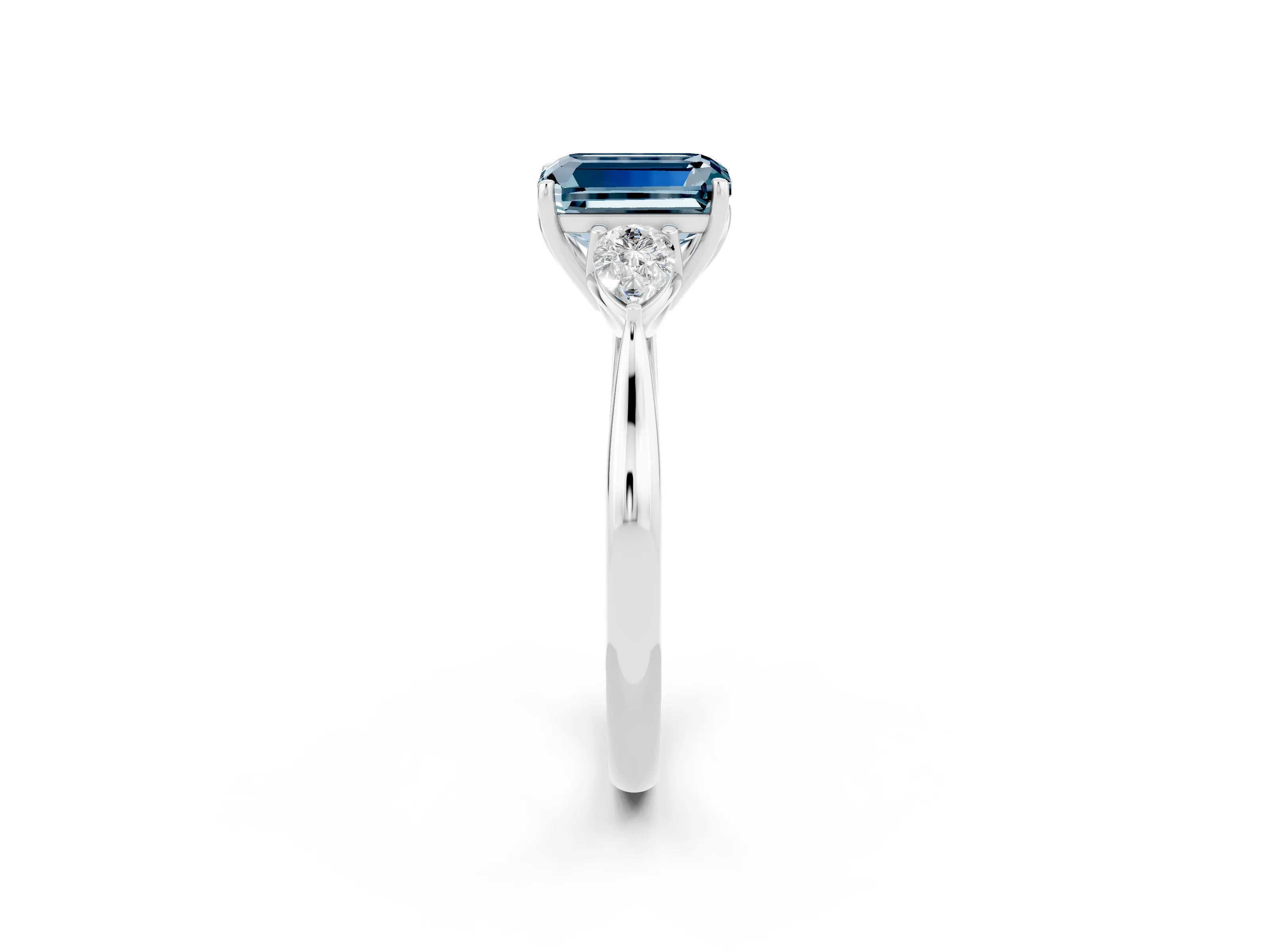 White gold Emerald Cut Aquamarine Three-Stone Ring with Pear Side Stones and Four-Prong Setting_14