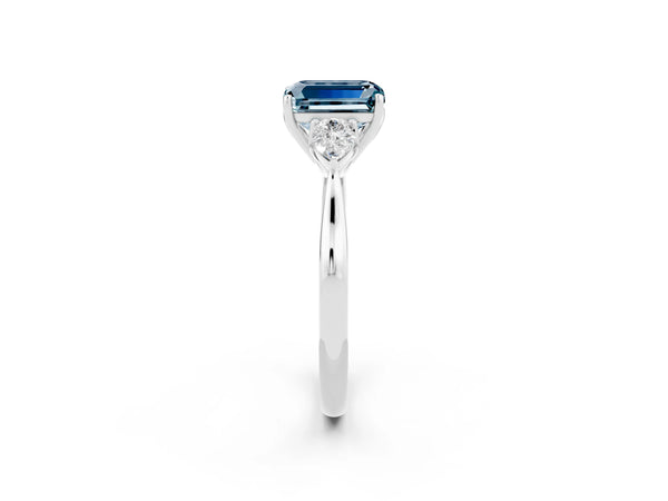 White gold Emerald Cut Aquamarine Three-Stone Ring with Pear  Side Stones and Prong Setting