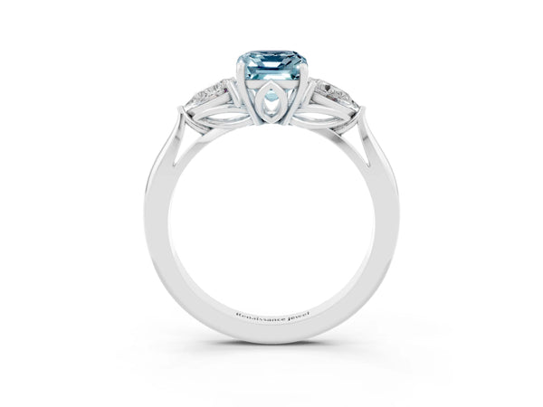 White gold Emerald Cut Aquamarine Three-Stone Ring with Pear  Side Stones and Prong Setting