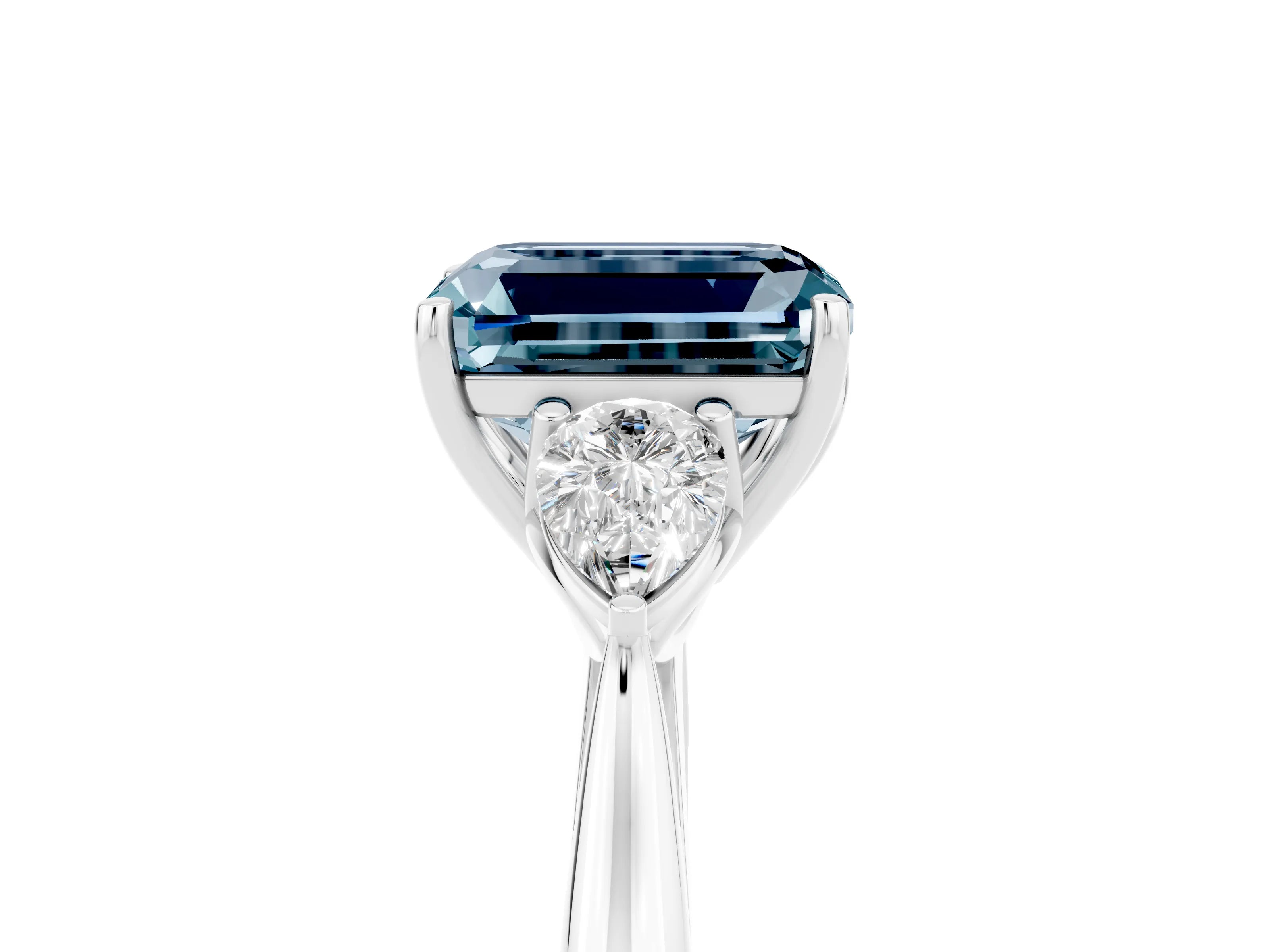 White gold Emerald Cut Aquamarine Three-Stone Ring with Pear Side Stones and Four-Prong Setting_17