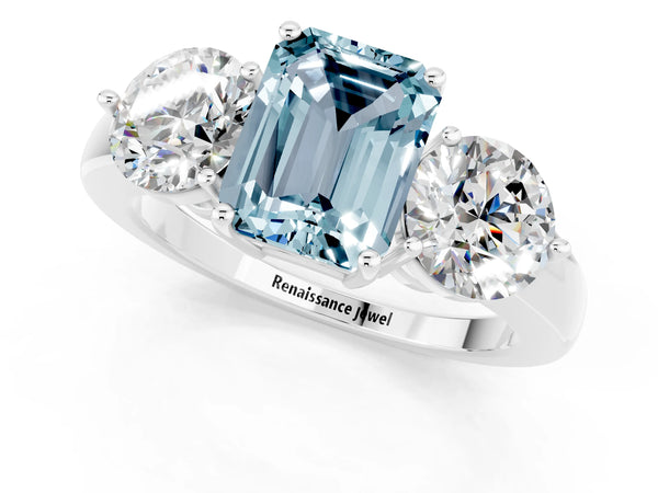 White gold Emerald Cut Aquamarine Three-Stone Ring with Prong Setting and Classic Band
