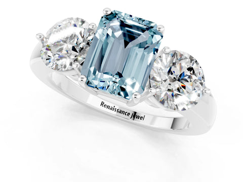 White gold Emerald Cut Aquamarine Three-Stone Ring with Prong Setting and Classic Band_1