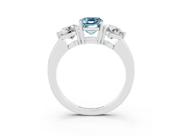 White gold Emerald Cut Aquamarine Three-Stone Ring with Prong Setting and Classic Band
