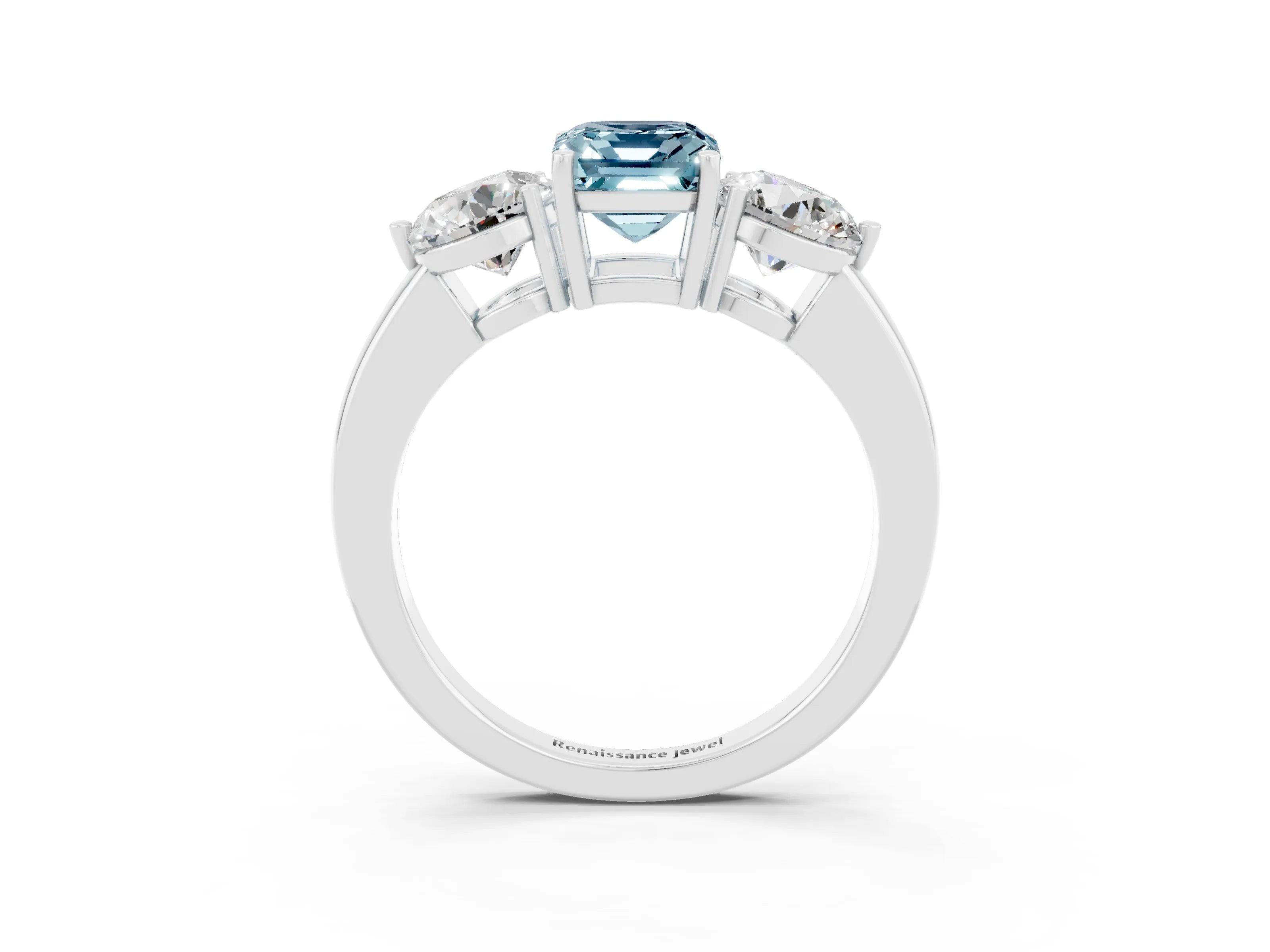 White gold Emerald Cut Aquamarine Three-Stone Ring with Prong Setting and Classic Band_3