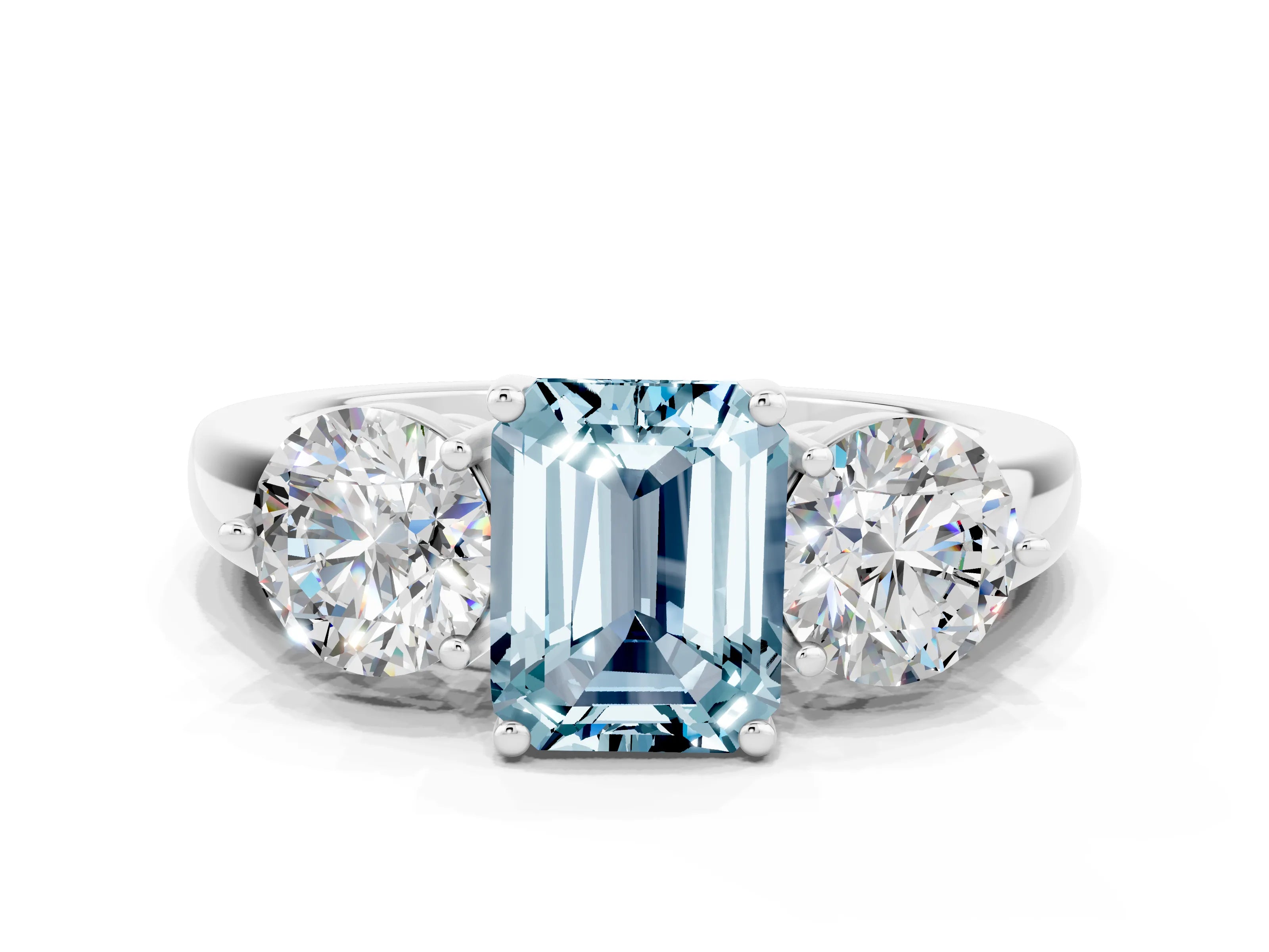 White gold Emerald Cut Aquamarine Three-Stone Ring with Prong Setting and Classic Band