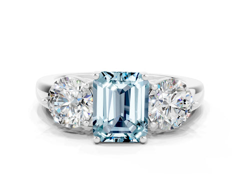 White gold Emerald Cut Aquamarine Three-Stone Ring with Prong Setting and Classic Band