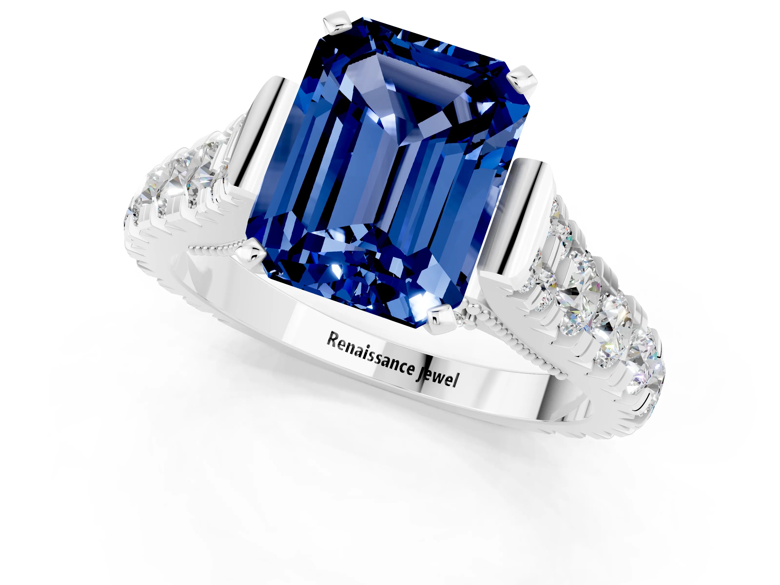 White gold Emerald Cut Blue Sapphire Classic Solitaire Ring with Pavé Band and Four-Prong Setting_1