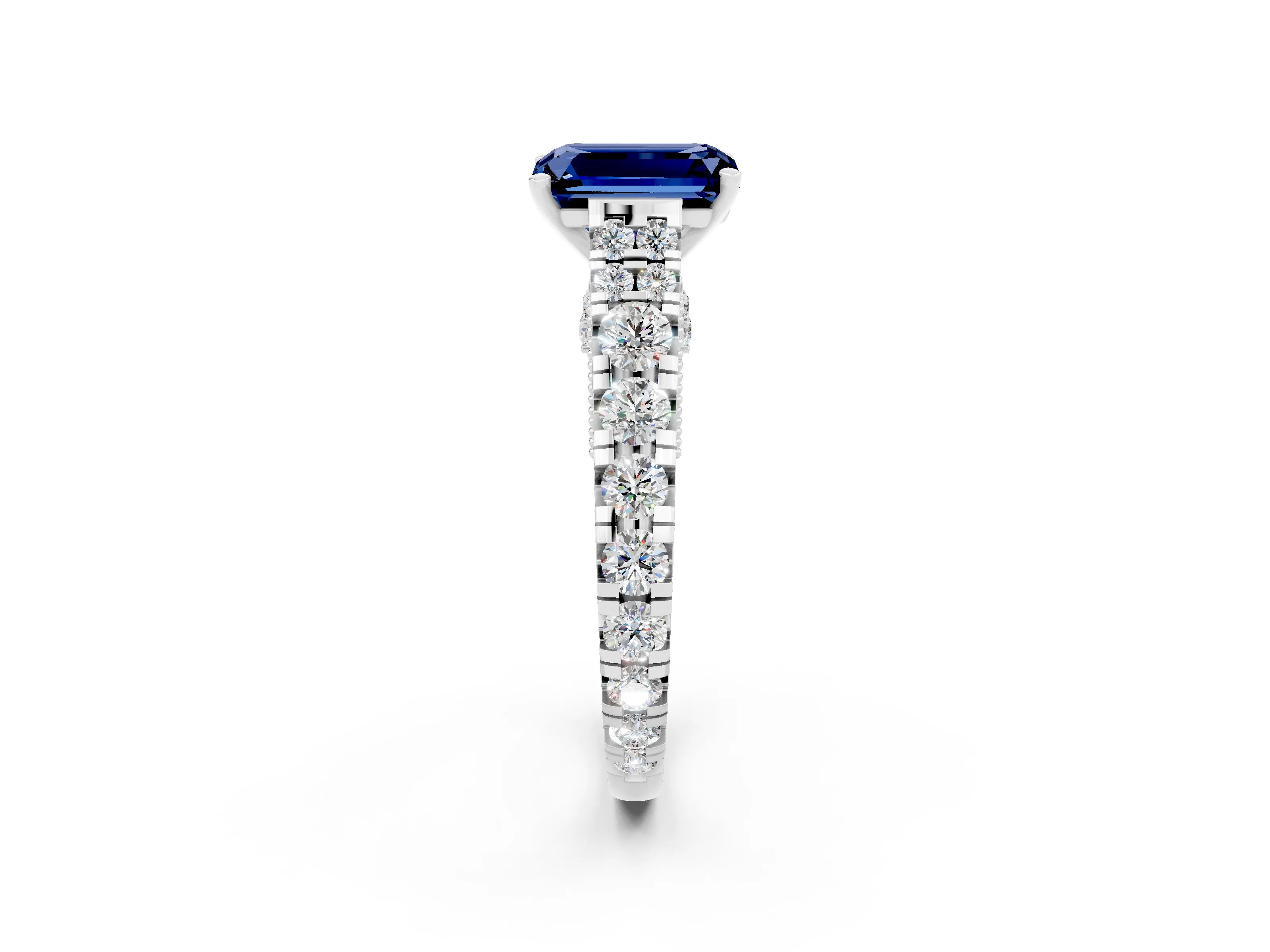 White gold Emerald Cut Blue Sapphire Classic Solitaire Ring with Pavé Band and Four-Prong Setting_2