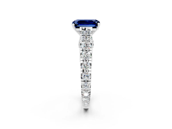 White gold Emerald Cut Blue Sapphire Classic Solitaire Ring with Pavé Band and Four-Prong Setting