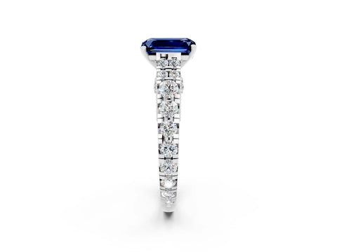 White gold Emerald Cut Blue Sapphire Classic Solitaire Ring with Pavé Band and Four-Prong Setting_2