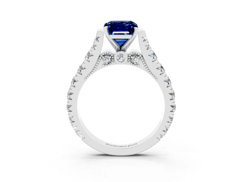 White gold Emerald Cut Blue Sapphire Classic Solitaire Ring with Pavé Band and Four-Prong Setting_3