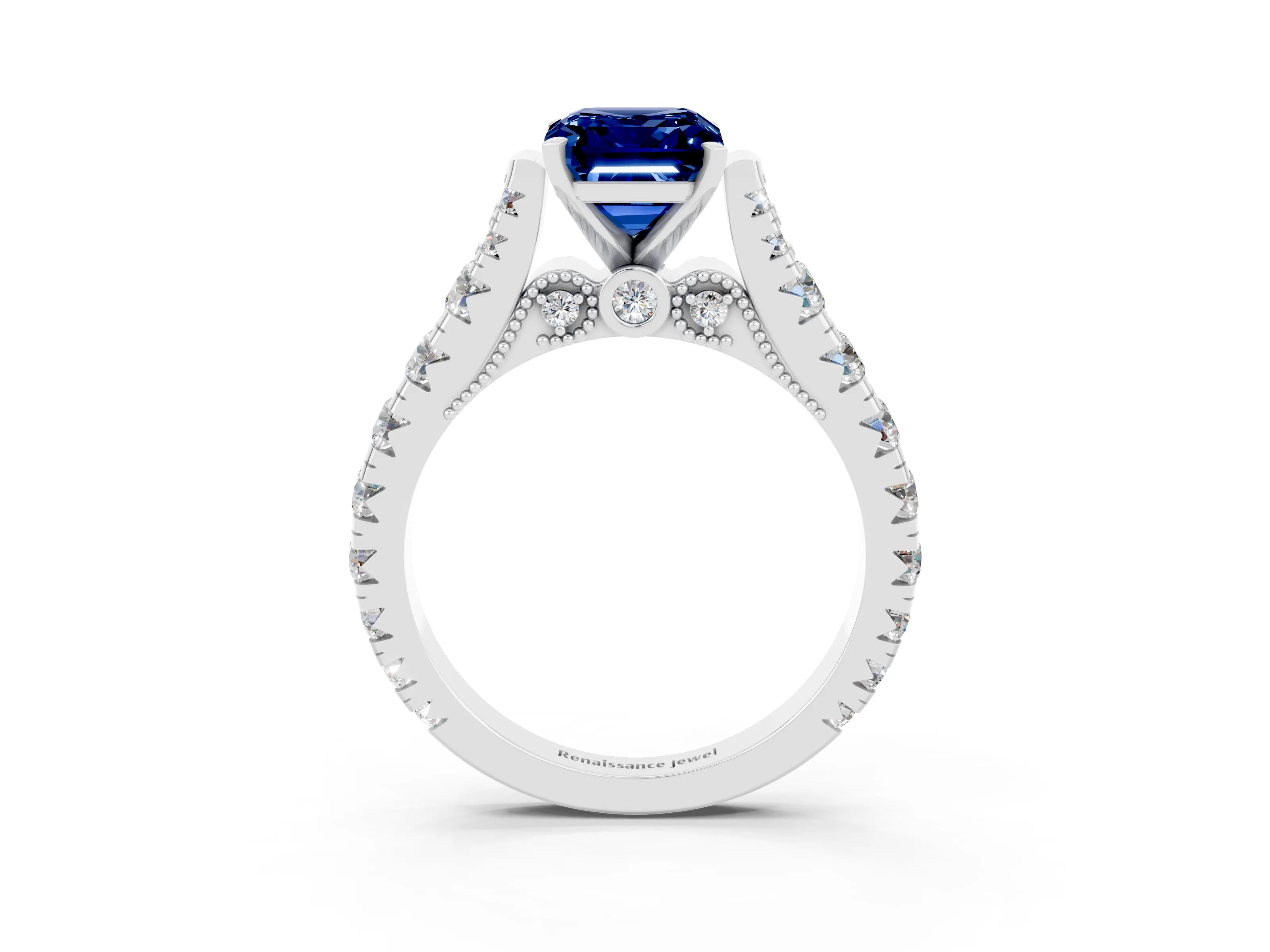 White gold Emerald Cut Blue Sapphire Classic Solitaire Ring with Pavé Band and Four-Prong Setting_3