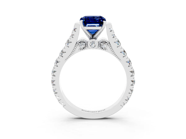 White gold Emerald Cut Blue Sapphire Classic Solitaire Ring with Pavé Band and Four-Prong Setting