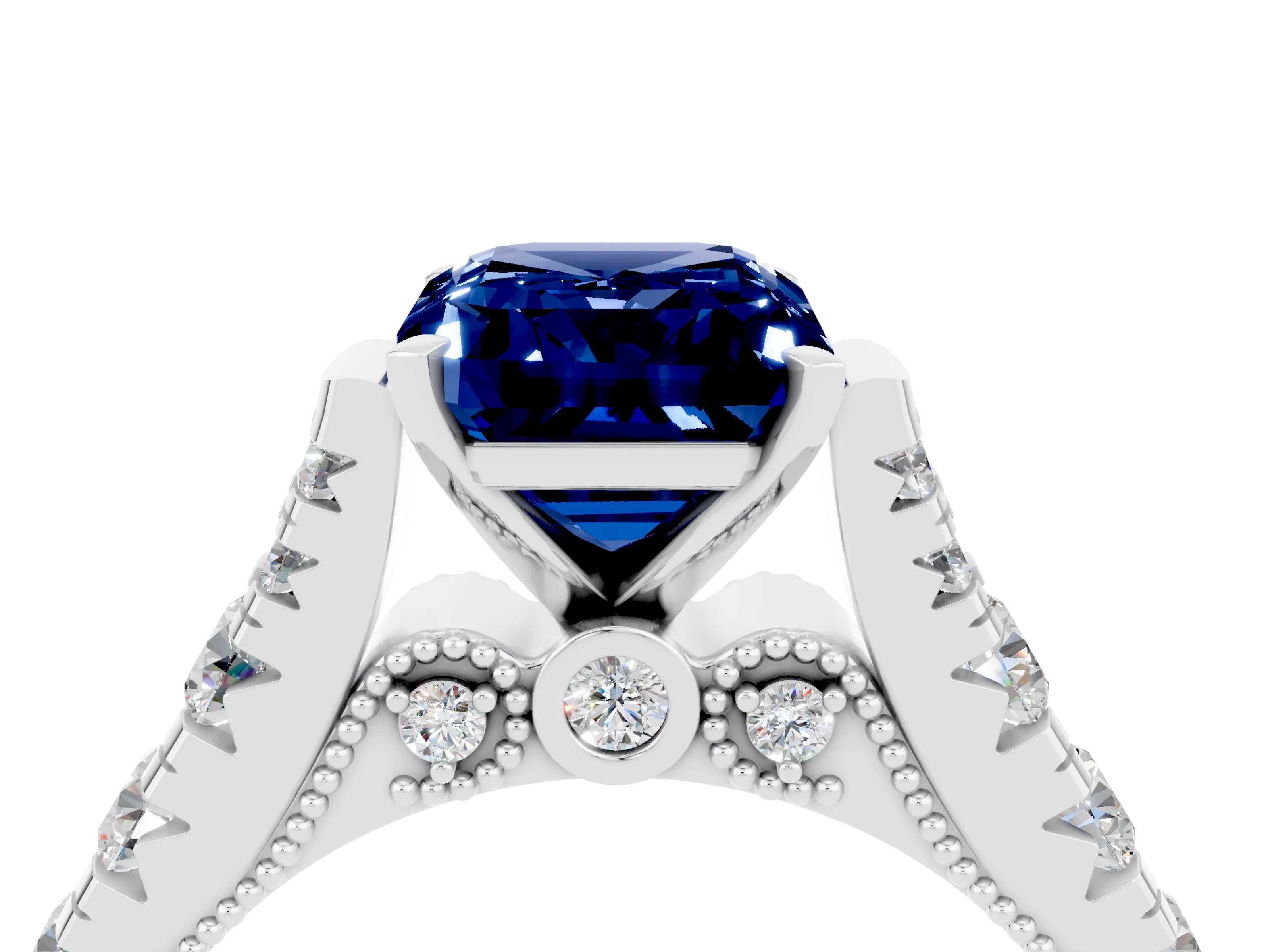 White gold Emerald Cut Blue Sapphire Classic Solitaire Ring with Pavé Band and Four-Prong Setting_4