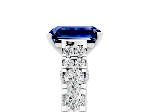 White gold Emerald Cut Blue Sapphire Classic Solitaire Ring with Pavé Band and Four-Prong Setting_5