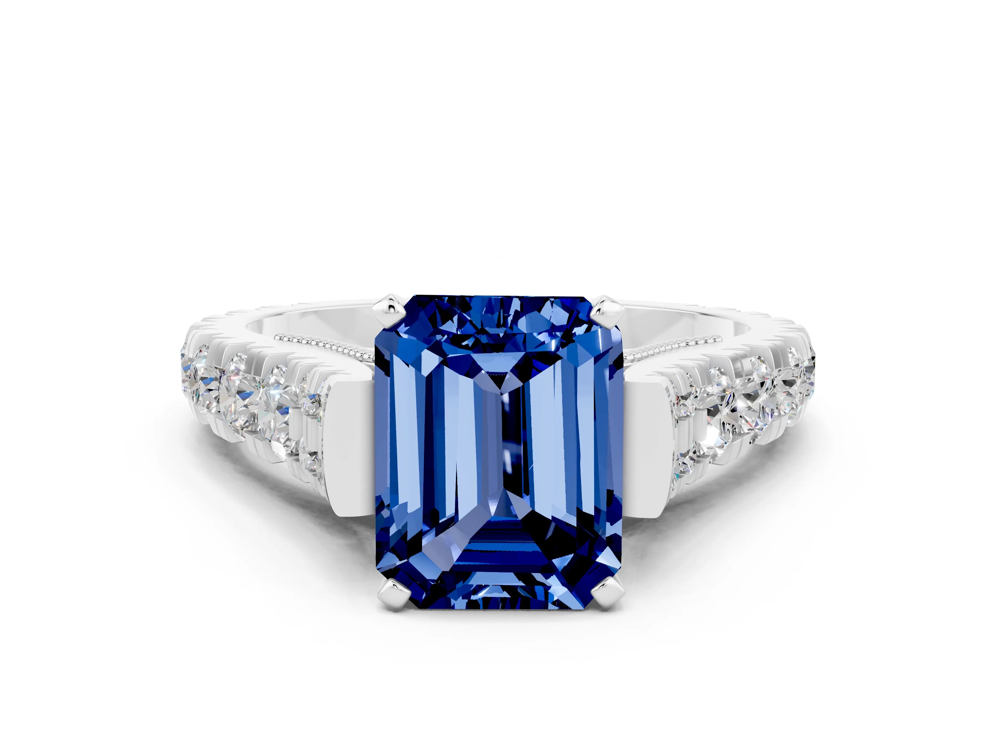 White gold Emerald Cut Blue Sapphire Classic Solitaire Ring with Pavé Band and Four-Prong Setting