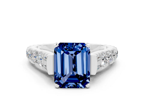 White gold Emerald Cut Blue Sapphire Classic Solitaire Ring with Pavé Band and Four-Prong Setting