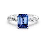 White gold Emerald Cut Blue Sapphire Cluster Side Stone Solitaire Ring with Prong Setting_24