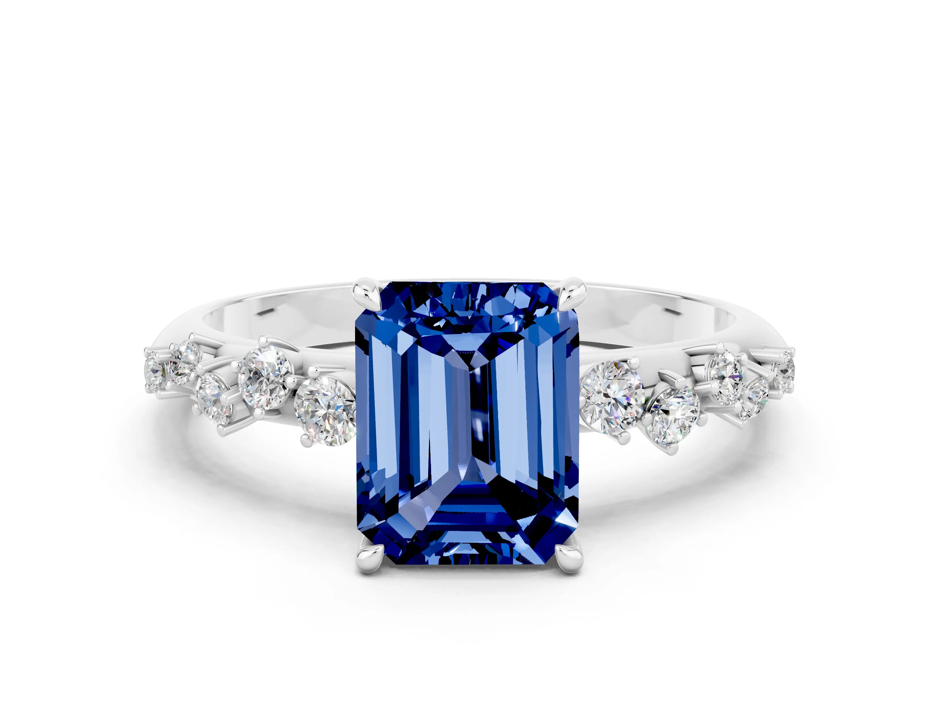 White gold Emerald Cut Blue Sapphire Cluster Side Stone Solitaire Ring with Prong Setting_24