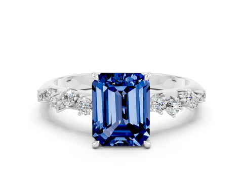 White gold Emerald Cut Blue Sapphire Cluster Side Stone Solitaire Ring with Prong Setting_24