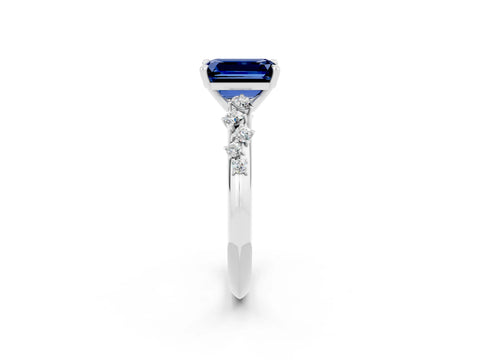 White gold Emerald Cut Blue Sapphire Cluster Side Stone Solitaire Ring with Prong Setting_26