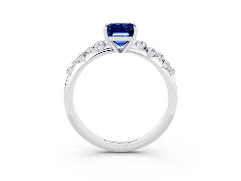 White gold Emerald Cut Blue Sapphire Cluster Side Stone Solitaire Ring with Prong Setting_27