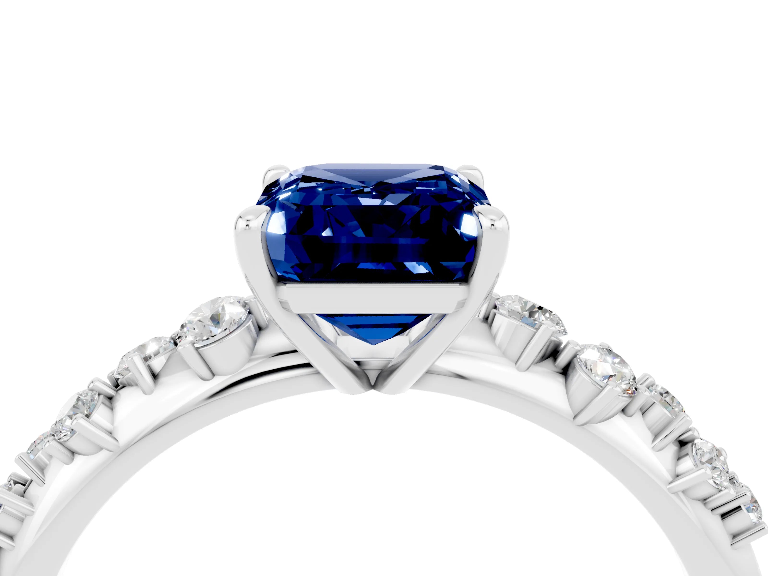 White gold Emerald Cut Blue Sapphire Cluster Side Stone Solitaire Ring with Prong Setting_28