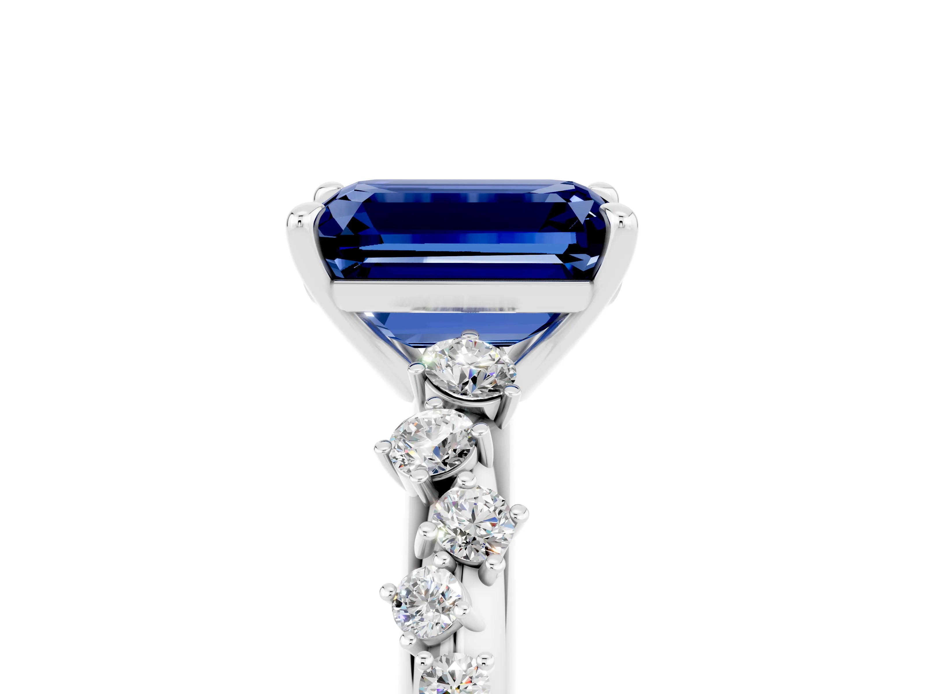 White gold Emerald Cut Blue Sapphire Cluster Side Stone Solitaire Ring with Prong Setting_29