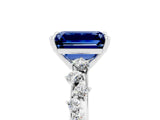 White gold Emerald Cut Blue Sapphire Cluster Side Stone Solitaire Ring with Prong Setting_29