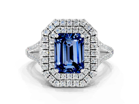 White gold Emerald Cut Blue Sapphire Double Halo Ring with Pavé Band and Prong Setting_12