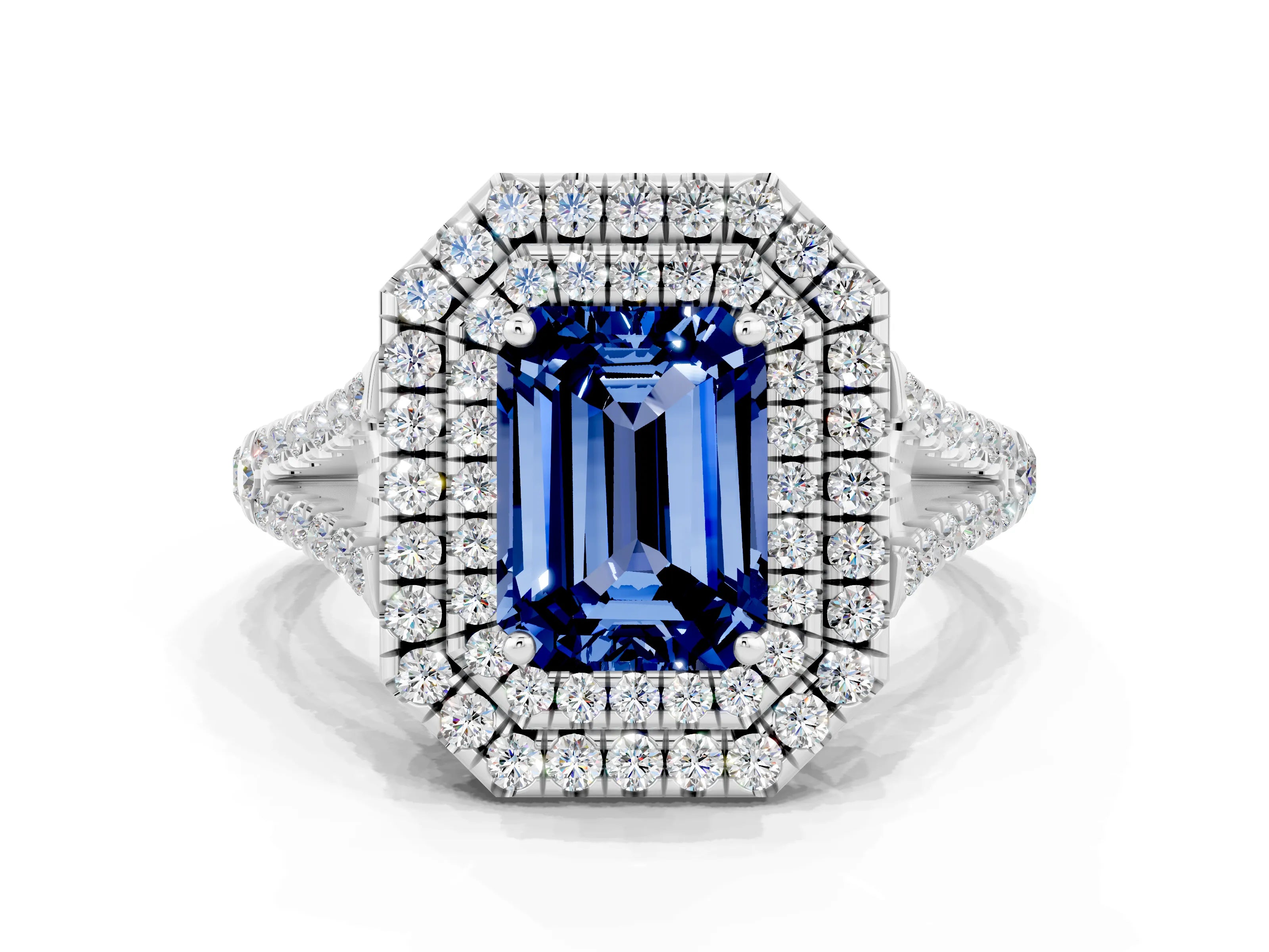 White gold Emerald Cut Blue Sapphire Double Halo Ring with Pavé Band and Prong Setting_12