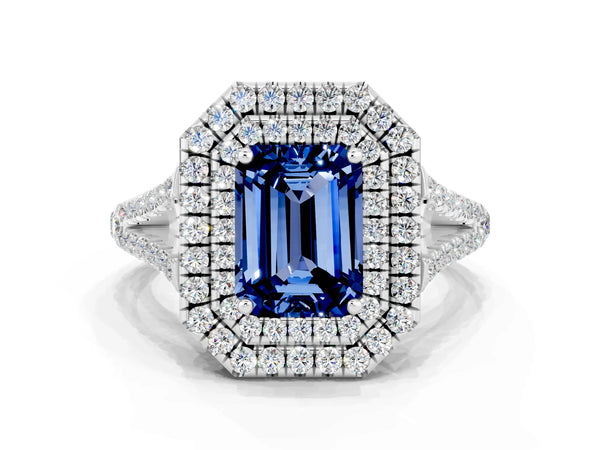 White gold Emerald Cut Blue Sapphire Double Halo Ring with Pavé Band and Prong Setting