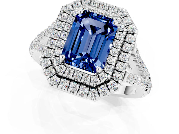 Platinum Emerald Cut Blue Sapphire Double Halo Ring with Pavé Band and Prong Setting