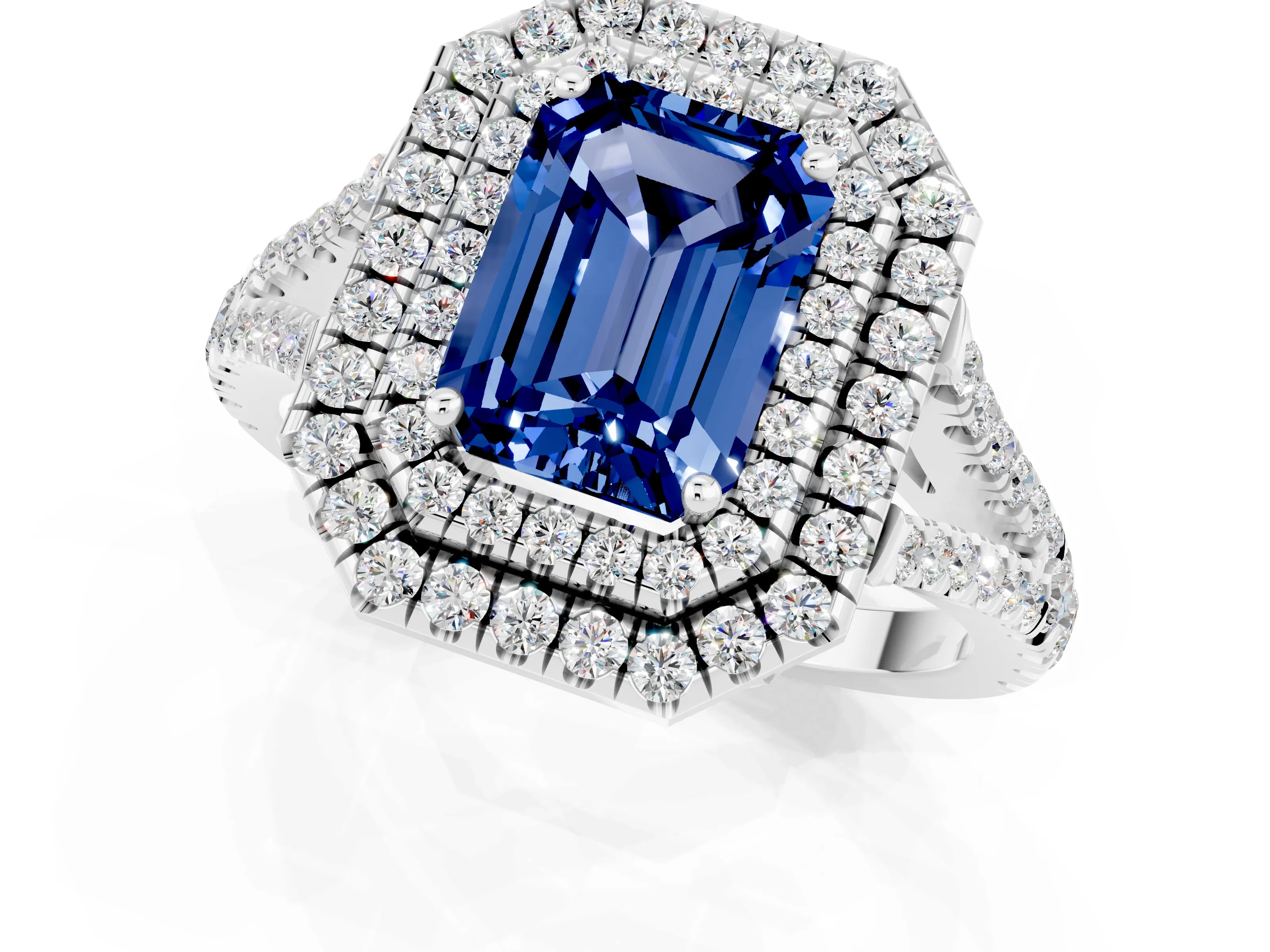 White gold Emerald Cut Blue Sapphire Double Halo Ring with Pavé Band and Prong Setting_13