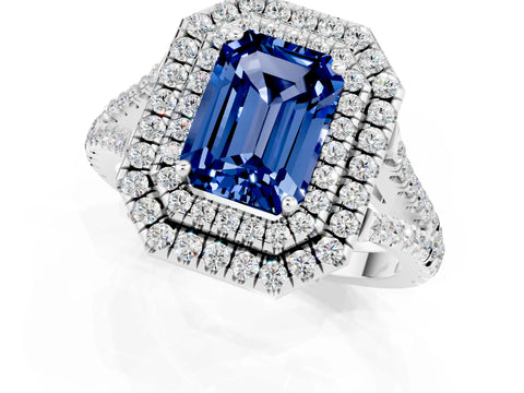 White gold Emerald Cut Blue Sapphire Double Halo Ring with Pavé Band and Prong Setting_13