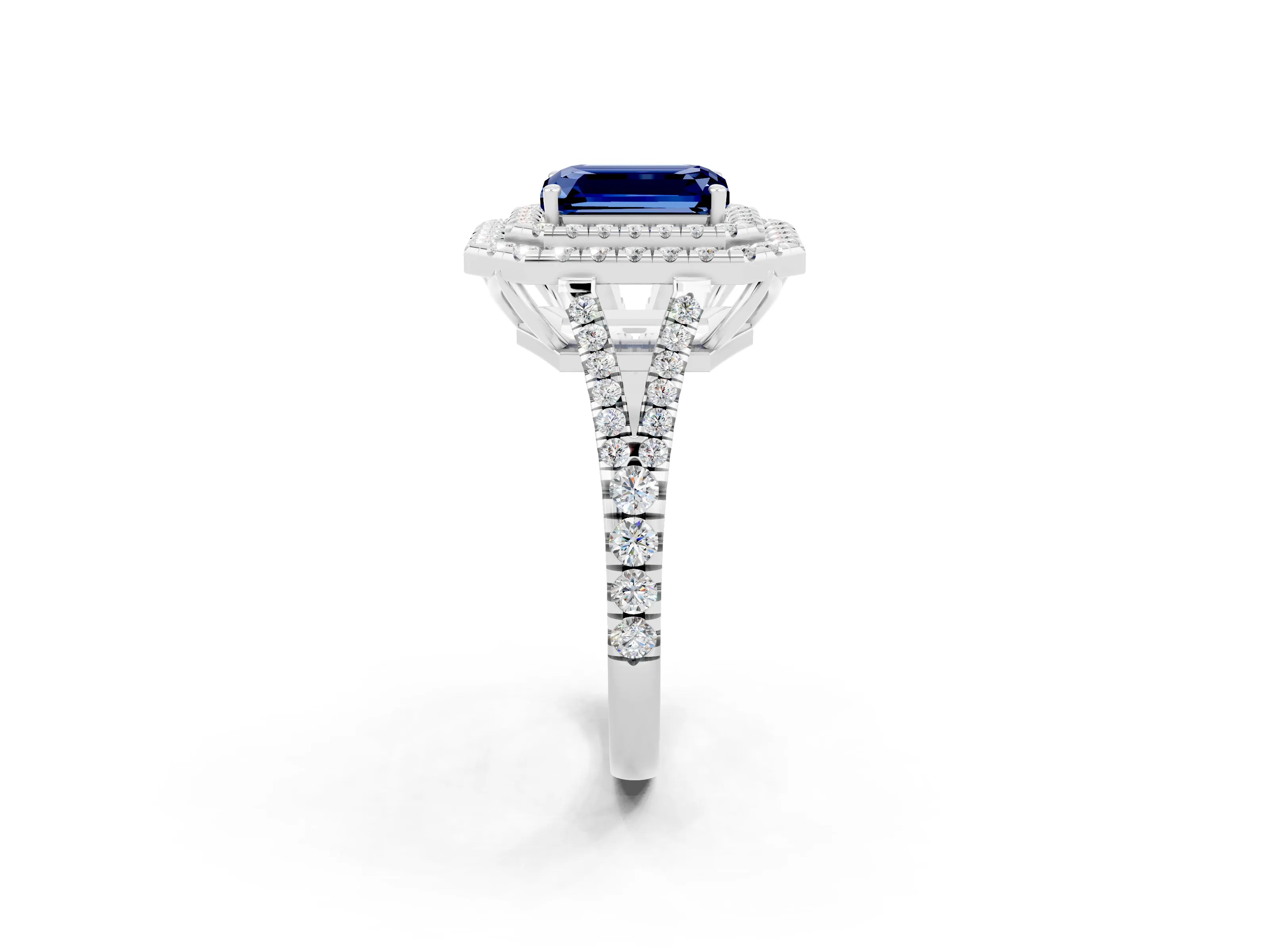 White gold Emerald Cut Blue Sapphire Double Halo Ring with Pavé Band and Prong Setting_14